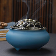 Copper Lid Ceramic Incense Burner Buddha with Antique Alloy Wire Incense Burner